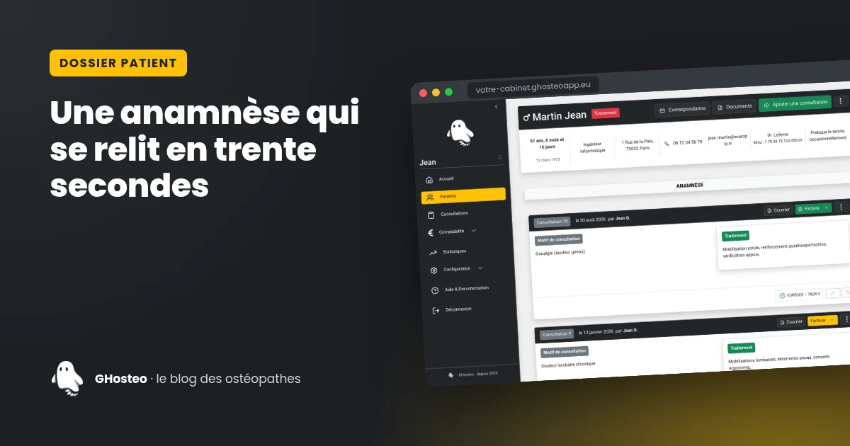 Une fiche patient avec son anamnèse dans GHosteo