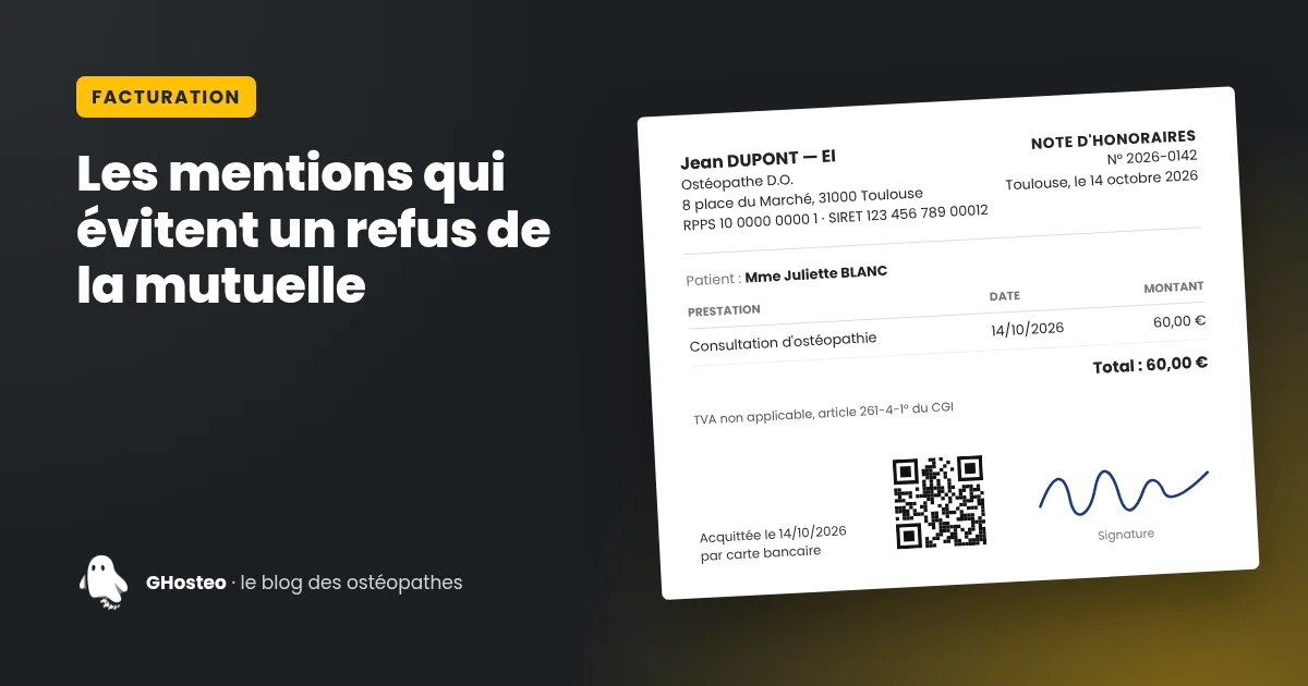 Exemple de note d'honoraires d'ostéopathe, aux données fictives