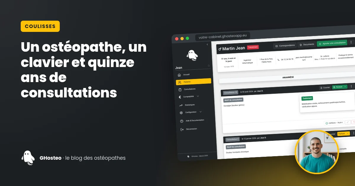 Guilhem Henry, ostéopathe, devant la fiche patient de GHosteo