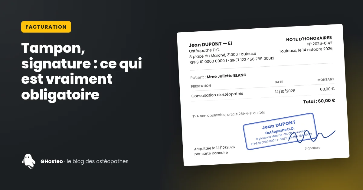 Une note d'honoraires d'ostéopathe tamponnée et signée, aux données fictives